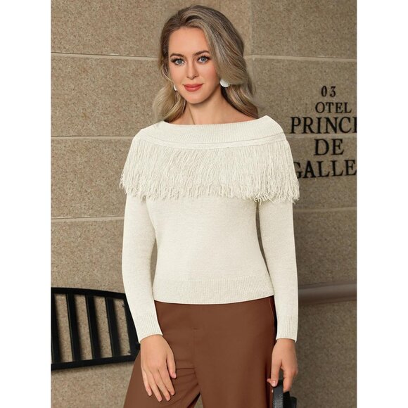 Women's Fringe Top Acrylic Polyester Nylon Slim Fit Off Shoulder Sweater - Picture 3 of 8